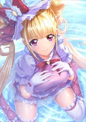 Rule 34 | 1girl, absurdres, alternate breast size, blonde hair, blunt bangs, bow, breasts, closed mouth, cure macherie, curecycadura, eyelashes, frilled thighhighs, frills, from above, gloves, hair bow, highres, hugtto! precure, large breasts, long hair, looking at viewer, makeup, mascara, neck ribbon, pink footwear, pink shirt, precure, red bow, red eyes, red ribbon, ribbon, shirt, short sleeves, sitting, smile, solo, thighhighs, twintails, very long hair, wariza, white gloves, white sleeves, white thighhighs