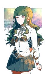 Rule 34 | 1girl, arm at side, arm behind back, blunt bangs, blush, closed mouth, collared shirt, commentary request, cowboy shot, danganronpa (series), danganronpa 3 (anime), dated, dress shirt, half-closed eyes, happy birthday, kiri (2htkz), long hair, long sleeves, looking at viewer, neck ribbon, pleated skirt, ribbon, satou (danganronpa), school uniform, shirt, skirt, smile, solo, white background, white shirt