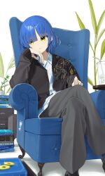 Rule 34 | 1girl, armchair, black jacket, black pants, blue hair, bocchi the rock!, buttons, chair, closed mouth, collared shirt, crossed legs, cup, drinking straw, expressionless, highres, ice, jacket, noeru, pants, plant, shirt, sitting, solo, white shirt, yamada ryo, yellow eyes