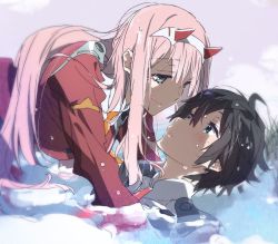 Rule 34 | 10s, 1boy, 1girl, ahoge, bad id, bad twitter id, black hair, blue eyes, blush, couple, darling in the franxx, face-to-face, green eyes, hair between eyes, hair ornament, hiro (darling in the franxx), horns, jacket, kasuga souichi, lake, long hair, looking at another, looking at viewer, lying on water, military, military uniform, necktie, open clothes, open jacket, orange neckwear, pink hair, red jacket, red neckwear, short hair, tongue, tongue out, uniform, very long hair, wet, wet clothes, wet hair, zero two (darling in the franxx)