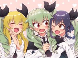 Rule 34 | 10s, 3girls, :d, ;d, alternate hairstyle, anchovy (girls und panzer), anzio school uniform, arm grab, black cape, black hair, black neckwear, black ribbon, blonde hair, borrowed hairstyle, braid, brown eyes, cape, carpaccio (girls und panzer), commentary, dress shirt, drill hair, frown, girls und panzer, green hair, hair ribbon, kari okome, light smile, long hair, long sleeves, looking at another, multiple girls, necktie, one eye closed, open mouth, own hands together, pepperoni (girls und panzer), red eyes, ribbon, school uniform, shirt, short hair, side-by-side, side braid, smile, twin drills, twintails, twitter username, v-shaped eyebrows, white shirt, wig, wing collar