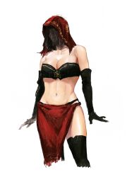 1girl bare_shoulders black_gloves black_thighhighs breasts cleavage cropped_legs dark_souls_(series) dark_souls_ii desert_sorceress elbow_gloves gloves highres hood large_breasts looking_at_viewer midriff navel simple_background skirt solo standing strapless thighhighs tumitumico underwear