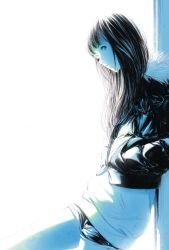 Rule 34 | 1girl, black hair, blue theme, cowboy shot, cropped jacket, fur trim, hands in pockets, jacket, long hair, looking at viewer, monochrome, one eye closed, shorts, solo, sousou (sousouworks)