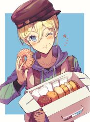 Rule 34 | 1boy, ;t, akai higasa, black shirt, blonde hair, blue background, blue eyes, blue hoodie, blush, border, box, brown hat, cabbie hat, chocolate doughnut, colored eyelashes, contemporary, crumbs, double-parted bangs, doughnut, drawstring, eating, food, french cruller, hair between eyes, hat, head tilt, highres, holding, holding box, holding food, hood, hood down, hoodie, jacket, leonhard von granzreich, long sleeves, looking at viewer, male focus, notice lines, open clothes, open jacket, oushitsu kyoushi heine, outside border, pastry box, pon de ring, shirt, short hair, sleeveless, sleeveless jacket, smile, solo, star-shaped pupils, star (symbol), symbol-shaped pupils, upper body, white border, white jacket