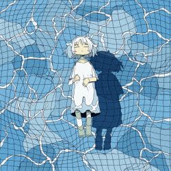 Rule 34 | 1girl, barefoot, closed eyes, doll joints, dress, floating, highres, joints, nyr50ml, original, partially submerged, shadow, short hair, short sleeves, solo, water, white dress, white hair