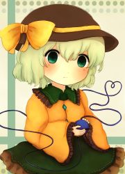 Rule 34 | 1girl, blouse, bow, chibi, eyeball, female focus, frills, green eyes, green hair, hat, hat bow, heart, heart of string, holding, komeiji koishi, light smile, long sleeves, looking at viewer, matching hair/eyes, md5 mismatch, polka dot, polka dot background, rei (tonbo0430), resolution mismatch, shirt, skirt, solo, source larger, striped, striped background, third eye, touhou, wide sleeves