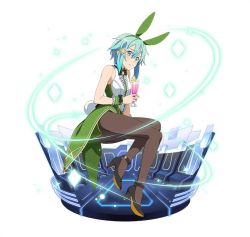 Rule 34 | 1girl, animal ears, black bow, black bowtie, black footwear, black pantyhose, blue eyes, blue hair, bow, bowtie, cup, drinking glass, fake animal ears, full body, green hairband, green shorts, hair between eyes, hair ornament, hairband, hairclip, high heels, holding, holding cup, holding drinking glass, invisible chair, leotard, looking at viewer, pantyhose, parted lips, playboy bunny, rabbit ears, rabbit tail, short hair with long locks, short shorts, shorts, sidelocks, simple background, sinon, sitting, sleeveless, solo, sword art online, tail, white background, wrist cuffs