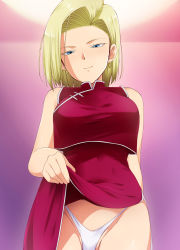 Rule 34 | 1girl, android 18, bare arms, bare shoulders, blonde hair, blue eyes, bob cut, breasts, china dress, chinese clothes, closed mouth, covered navel, cowboy shot, dragon ball, dragonball z, dress, earrings, female focus, flashing, from below, gradient background, groin, half-closed eyes, highres, hip focus, hoop earrings, indoors, jewelry, kaiga, large breasts, legs, lifting own clothes, looking at viewer, naughty face, navel, panties, pantyshot, red dress, short hair, sleeveless, smile, solo, standing, thighs, thong, underwear, white panties