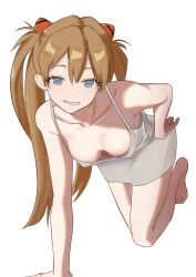 Rule 34 | 1girl, absurdres, all fours, artist request, barefoot, blue eyes, blush, breasts, brown hair, day, dress, halter dress, halterneck, hand on own hip, highres, long hair, looking at viewer, medium breasts, naughty face, neon genesis evangelion, no bra, outdoors, sideboob, simple background, sleeveless, sleeveless dress, smile, solo, souryuu asuka langley, twintails