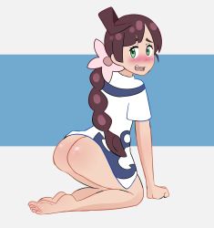 Rule 34 | 1girl, absurdres, barefoot, blush, bottomless, braid, brown hair, chloe (pokemon), creatures (company), feet, female focus, fisticuffs club, full body, game freak, green eyes, highres, long hair, looking at viewer, nintendo, open mouth, pokemon, pokemon (anime), pokemon journeys, simple background, single braid, soles, solo, toes, white background