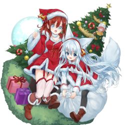 Rule 34 | 3girls, :d, animal ear fluff, animal ears, bell, black legwear, blue eyes, boots, box, breasts, brown footwear, brown hair, capelet, christmas, christmas ornaments, christmas tree, commentary request, dress, fox ears, fox girl, fox tail, fur-trimmed boots, fur-trimmed capelet, fur-trimmed dress, fur trim, gift, gift box, hat, highres, long hair, long sleeves, mini person, minigirl, multiple girls, open mouth, original, pantyhose, pink hair, pointy ears, red hair, sack, santa boots, santa costume, santa hat, shirt, silver hair, sitting, smile, tail, thighhighs, transparent background, waichi, white shirt