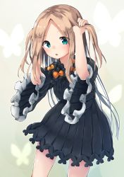 Rule 34 | 1girl, :o, abigail williams (fate), arms up, black bow, black dress, blush, bow, bug, bunching hair, butterfly, commentary request, dress, fate/grand order, fate (series), fingernails, forehead, green eyes, head tilt, highres, insect, light brown hair, long hair, long sleeves, looking at viewer, mamemochi, no headwear, hugging object, orange bow, parted bangs, parted lips, polka dot, polka dot bow, solo, stuffed animal, stuffed toy, teddy bear, two side up, very long hair, wide sleeves