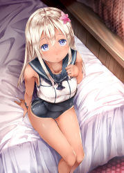 Rule 34 | 10s, 1girl, bed, blonde hair, blush, breasts, flower, hair flower, hair ornament, highres, kantai collection, long hair, purple eyes, ro-500 (kancolle), school swimsuit, skin tight, solo, sugiyuu, swimsuit