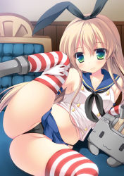 Rule 34 | 10s, 1girl, :3, ass, black panties, blonde hair, blush, cameltoe, crop top, elbow gloves, furukawa lemon, gloves, green eyes, hairband, kantai collection, leg up, long hair, looking at viewer, midriff, miniskirt, navel, panties, partially visible vulva, personification, rensouhou-chan, shimakaze (kancolle), skindentation, skirt, socks, spread legs, striped clothes, striped thighhighs, textless version, thighhighs, thong, underwear, upskirt, wavy mouth, wedgie, white gloves