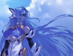 Rule 34 | 1girl, ahoge, black gloves, blue eyes, blue hair, blue sky, bodysuit, breasts, closed mouth, cloud, cloudy sky, elbow gloves, gloves, highres, kos-mos, large breasts, long hair, negresco, outdoors, sky, solo, upper body, very long hair, white bodysuit, xenoblade chronicles (series), xenoblade chronicles 2, xenosaga
