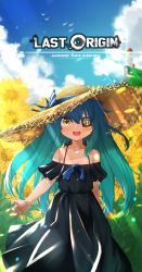 Rule 34 | 1girl, absurdres, bird, black dress, blue hair, blurry, breasts, cloud, copyright name, day, depth of field, dress, english text, flower, hat, hat ribbon, highres, last origin, lighthouse, long dress, long hair, lrl (last origin), open mouth, outdoors, ribbon, smile, solo, spaghetti strap, summer, sun hat, sundress, sunflower, wweed