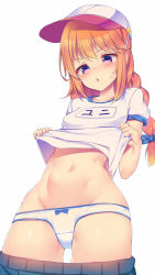 Rule 34 | 1girl, :o, baseball cap, blue shorts, braid, clothes lift, clothes pull, commentary request, gym uniform, hat, highres, lifted by self, long hair, looking down, name tag, navel, orange hair, panties, princess connect!, purple eyes, shirt, shirt lift, short sleeves, shorts, shorts pull, simple background, solo, suteba (grzjkbhgf), thighs, twin braids, underwear, white background, white hat, white panties, white shirt, yuni (princess connect!), yuni (school festival) (princess connect!)