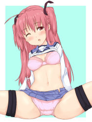 Rule 34 | 10s, 1girl, ahoge, angel beats!, bad id, bad pixiv id, blush, bra, clothes lift, highres, itou ayachi, lingerie, long hair, one eye closed, panties, pink bra, pink eyes, pink hair, pink panties, school uniform, serafuku, shirt lift, short twintails, solo, spread legs, tears, thigh strap, twintails, two side up, underwear, very long hair, wink, yui (angel beats!)