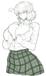 Rule 34 | 1girl, breasts, bursting breasts, covered erect nipples, female focus, green theme, highres, huge breasts, inconvenient breasts, kazami yuuka, monochrome, open clothes, open shirt, shirt, short hair, skirt, solo, spacezin, touhou, undersized clothes, white background