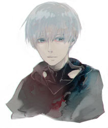 Rule 34 | 1boy, black jacket, closed mouth, clothing cutout, commentary request, covered collarbone, cropped shoulders, grey hair, hair between eyes, jacket, kaneki ken, koujima shikasa, looking at viewer, male focus, shirt, simple background, solo, tokyo ghoul, upper body, white background