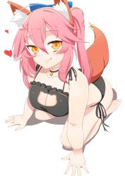 Rule 34 | 10s, 1girl, absurdres, animal ears, ballpoint pen (medium), bell, neck bell, neck bell, black bra, black panties, blush, bow, bra, breasts, cat cutout, cat ear panties, cat ears, cat lingerie, choker, cleavage, cleavage cutout, clothing cutout, collar, collarbone, fate/extra, fate/grand order, fate (series), fox ears, fox tail, graphite (medium), hair bow, hair ribbon, heart, highres, jingle bell, kata (ehdquf12), large breasts, looking at viewer, looking up, mechanical pencil, meme attire, nail polish, panties, pencil, pink hair, ribbon, side-tie panties, simple background, solo, tail, tamamo (fate), tamamo no mae (fate/extra), tongue, tongue out, traditional media, underwear, underwear only, white background, yellow eyes