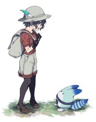 Rule 34 | 1girl, backpack, bag, black hair, commentary request, full body, gloves, grass, hat feather, helmet, holding strap, kaban (kemono friends), kemono friends, loafers, looking at another, lucky beast (kemono friends), pantyhose, pith helmet, shirt, shoes, short hair, short sleeves, shorts, standing, sumida00rio, t-shirt, tail