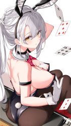 Rule 34 | 1girl, absurdres, animal ears, arm strap, arm up, ass, azur lane, back, bare shoulders, between breasts, black choker, black leotard, bow, bowtie, breasts, brown pantyhose, card, choker, cleavage, detached collar, drake (azur lane), fake animal ears, fake tail, fine fabric emphasis, from above, from behind, gloves, hairband, hand on own head, highleg, highleg leotard, highres, instrument, large breasts, leotard, long hair, looking at viewer, looking back, looking up, nipples, object on breast, orange eyes, pantyhose, parted lips, piano, playboy bunny, playing card, ponytail, rabbit ears, rabbit tail, sitting, solo, strapless, strapless leotard, tail, thighband pantyhose, vayneeeee, white gloves, white hair, wrist cuffs