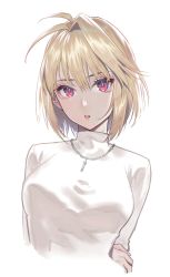 Rule 34 | 1girl, antenna hair, arcueid brunestud, arms behind back, asymmetrical hair, blonde hair, breasts, bright pupils, highres, jewelry, light blush, locked arms, long sleeves, looking at viewer, necklace, parted lips, red eyes, sapysha, short hair, sidelocks, simple background, single hair intake, slit pupils, solo, sweater, tsukihime, tsukihime (remake), tsurime, turtleneck, turtleneck sweater, white background, white pupils, white sweater