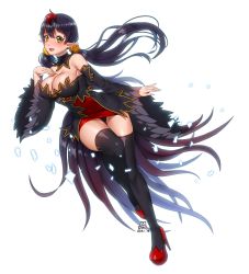 Rule 34 | 1girl, :d, absurdres, artist name, bad anatomy, bad id, bad pixiv id, bare shoulders, black hair, black thighhighs, blush, breasts, brown eyes, cleavage, dated, detached sleeves, full body, hand up, high heels, highres, large breasts, looking at viewer, open mouth, original, pointy ears, red footwear, smile, solo, tacco (tikeworld), thighhighs, twintails, wide sleeves
