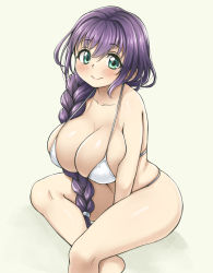Rule 34 | 10s, 1girl, bikini, blush, braid, breasts, cleavage, commentary, green eyes, hair over shoulder, highres, huge breasts, long hair, love live!, love live! school idol project, pas (paxiti), purple eyes, side braid, simple background, single braid, sitting, smile, solo, strap gap, swimsuit, tojo nozomi, white background, white bikini