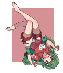 Rule 34 | aqua hair, barefoot, border, breasts, buttons, cloud print, commentary request, curly hair, full body, green eyes, green hair, heart, highres, horns, kariyushi shirt, komainu, komano aunn, long hair, medium breasts, one-hour drawing challenge, open mouth, paw pose, red background, red shirt, renshirenji, shirt, shorts, simple background, single horn, toes, touhou, two-tone background, white border, white shorts