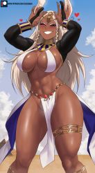 Rule 34 | 1girl, abs, absurdres, alternate costume, animal ears, blue sky, boku no hero academia, breasts, closed eyes, cloud, covered erect nipples, dark-skinned female, dark skin, desert, detached collar, echo saber, egyptian clothes, eyelashes, forehead jewel, gloves, gold collar, gold trim, heart, highres, large breasts, long hair, mirko, muscular, muscular female, navel, parted lips, partially fingerless gloves, patreon username, pelvic curtain, pyramid (structure), rabbit ears, rabbit pose, revealing clothes, shrug (clothing), sidelocks, sky, smile, solo, thighlet, thighs, white hair
