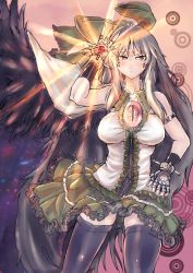 Rule 34 | 1girl, adapted costume, bad id, bad pixiv id, black hair, black thighhighs, bow, breasts, cape, female focus, fingerless gloves, gloves, hair bow, long hair, panzer (p.z), red eyes, reiuji utsuho, solo, thighhighs, third eye, touhou, wings