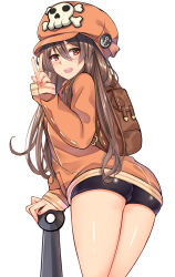 Rule 34 | 1girl, anchor, arc system works, ass, backpack, bag, bare legs, bike shorts, breasts, brown hair, cabbie hat, cameltoe, fingernails, from behind, from below, guilty gear, guilty gear strive, hat, highres, legs, long fingernails, long hair, looking at viewer, may (guilty gear), muka tsuku, open mouth, orange eyes, parka, shiny clothes, shiny skin, sideboob, small breasts, smile, solo, v, very long hair