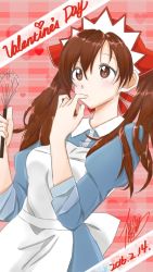 Rule 34 | 00s, 10s, 1girl, 2016, alicia melchiott, apron, blouse, blush stickers, brown eyes, brown hair, dated, hair ribbon, heart, licking, licking finger, long hair, mar0maru, ribbon, senjou no valkyria (series), shirt, signature, solo, twintails, upper body, valentine, whisk