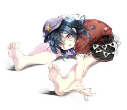 Rule 34 | 1girl, :o, barefoot, black skirt, blue hair, cabbie hat, chinese clothes, commentary request, flat cap, gorilla (bun0615), hat, highres, medium hair, miyako yoshika, open mouth, purple hat, red eyes, red shirt, shirt, short sleeves, simple background, skirt, soles, solo, tangzhuang, toes, touhou, white background