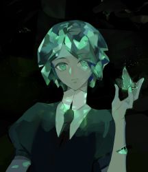 Rule 34 | 1other, absurdres, androgynous, bug, butterfly, colored eyelashes, crystal hair, dark background, expressionless, eyes visible through hair, gem uniform (houseki no kuni), green eyes, green hair, highres, houseki no kuni, insect, looking at viewer, matching hair/eyes, momosa (472166143), necktie, phosphophyllite, short hair, solo, upper body