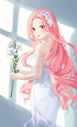 Rule 34 | 1girl, absurdres, bare arms, brown eyes, dress, floating hair, flower, hair flower, hair intakes, hair ornament, hairband, highres, holding, holding flower, long hair, looking at viewer, open mouth, original, pink hair, ron me s2, solo, standing, strapless, strapless dress, very long hair, white dress, white flower, white hairband