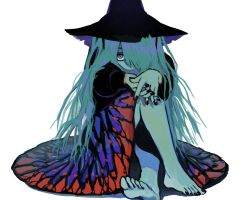 Rule 34 | 1girl, aqua hair, aqua skin, bare legs, barefoot, black hat, black nails, blue eyes, dress, hair over one eye, hat, highres, long hair, looking at viewer, nail polish, original, own hands together, shadow, simple background, solo, toktin zq, white background, witch hat