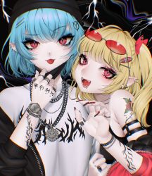Rule 34 | 2girls, alternate costume, arm tattoo, armpit crease, armpit peek, bare shoulders, bitaro, black jacket, blonde hair, blue hair, chain, claw pose, commentary request, contemporary, ear piercing, eyelashes, eyeshadow, eyewear on head, fangs, fingernails, flandre scarlet, flower, flower necklace, hair ornament, hair ribbon, hairpin, hand tattoo, hand up, hat, head tilt, highres, jacket, jewelry, lightning, lip piercing, long fingernails, looking at viewer, makeup, mask, mask pull, unworn mask, multiple girls, nail polish, necklace, off shoulder, one side up, open mouth, outstretched hand, piercing, pointy ears, raised eyebrow, red-tinted eyewear, red eyes, red nails, red ribbon, remilia scarlet, ribbon, ring, rose, sharp fingernails, shirt, short hair, shoulder strap, shoulder tattoo, siblings, sidelocks, sisters, smile, sunglasses on head, tattoo, tinted eyewear, tongue, tongue out, tongue piercing, touhou, upper body, watch, white shirt, wristband, wristwatch