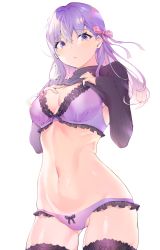Rule 34 | 1girl, black sweater, blush, bow, bow bra, bow panties, bra, breasts, cleavage, closed mouth, clothes lift, commentary request, cowboy shot, cpqm, fate/stay night, fate (series), floral print, frilled bra, frilled panties, frills, hair between eyes, hair bow, hands up, highres, lifted by self, long hair, long sleeves, looking at viewer, matou sakura, md5 mismatch, navel, panties, pink bow, purple bra, purple eyes, purple hair, purple panties, purple thighhighs, ribbed sweater, rose print, simple background, sleeves past wrists, solo, sweater, sweater lift, thighhighs, underwear, white background