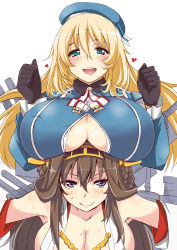 Rule 34 | 10s, 2girls, :d, aoi manabu, atago (kancolle), black gloves, blonde hair, blue eyes, blue hat, blush, breast rest, breasts, breasts on head, brown hair, detached sleeves, gloves, green eyes, hat, heart, huge breasts, kantai collection, kongou (kancolle), long hair, looking at viewer, military, military uniform, multiple girls, open mouth, personification, sideboob, smile, uniform