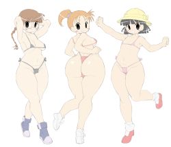 Rule 34 | 3girls, absurdres, arms behind head, ass, bikini, black hair, braid, breasts, brown hair, flat chest, hat, highres, huge ass, long hair, multiple girls, orange hair, ponytail, sakana888888888, shoes, short hair, small breasts, sneakers, swimsuit, thighs, white background, wide hips