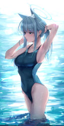 Rule 34 | 1girl, absurdres, adjusting hair, animal ear fluff, animal ears, black one-piece swimsuit, blue archive, blue eyes, blue halo, breasts, closed mouth, collarbone, commentary request, competition swimsuit, grey hair, halo, highres, kimchi (user mpzz8457), medium breasts, official alternate costume, one-piece swimsuit, partially submerged, shiroko (blue archive), shiroko (swimsuit) (blue archive), solo, swimsuit, thighs, wet, wet clothes, wet hair, wet swimsuit