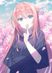 Rule 34 | 1girl, belt, black dress, blue eyes, cherry blossoms, cloud, cloudy sky, day, dress, falling petals, highres, holding, holding petal, koh rd, long hair, looking at viewer, original, outdoors, petals, pink hair, sky, solo, wide sleeves