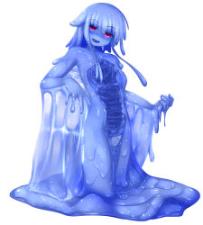 Rule 34 | 1girl, :d, blue hair, blue sclera, blue skin, colored sclera, colored skin, full body, looking at viewer, melting, monster girl, nude, open mouth, original, red eyes, rethnick, shaded face, simple background, slime girl, smile, solo, tentacle hair, wet, white background