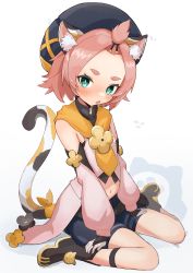 Rule 34 | 1girl, absurdres, amamoru 21, animal ears, beret, blue eyes, blush, boots, cat ears, cat girl, cat tail, detached sleeves, diona (genshin impact), forehead, genshin impact, hat, highres, hikimayu, looking at viewer, midriff, navel, open mouth, pink hair, short hair, sitting, solo, tail, wariza