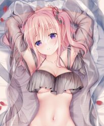 Rule 34 | 1girl, absurdres, armpits, arms behind head, bikini, breasts, frilled bikini, frills, highres, izumi kaori (twinbox), large breasts, looking at viewer, lying, medium breasts, medium hair, navel, on back, on bed, open mouth, pink hair, purple eyes, short twintails, solo, sousouman, stomach, swimsuit, twinbox school, twintails, underboob