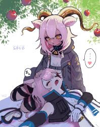Rule 34 | ..., 2girls, animal ear fluff, animal ears, apple, apple tree, arknights, beeswax (arknights), black coat, blush, cardigan, cardigan (arknights), closed eyes, coat, commentary request, commission, dark-skinned female, dark skin, dog ears, dog girl, food, fruit, gloves, goat ears, goat girl, goat horns, goggles, gold horns, headpat, heart, highres, horns, infection monitor (arknights), lap pillow, leg ribbon, leg wrap, long hair, looking at another, looking down, lying, multicolored hair, multiple girls, on back, open mouth, pink hair, revision, ribbon, signature, simple background, skeb commission, sleeping, sleeping on person, spoken ellipsis, spoken heart, streaked hair, tree, uyuni-piyo, white cardigan, white gloves, white hair, yellow eyes, yuri, zzz