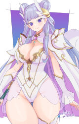 1girl breasts cape cleavage closed_mouth double_bun gluteal_fold hair_bun highres kichihachi large_breasts leotard long_hair looking_at_viewer palamena_(visions_of_mana) purple_eyes purple_hair smile solo thighs visions_of_mana white_cape white_leotard